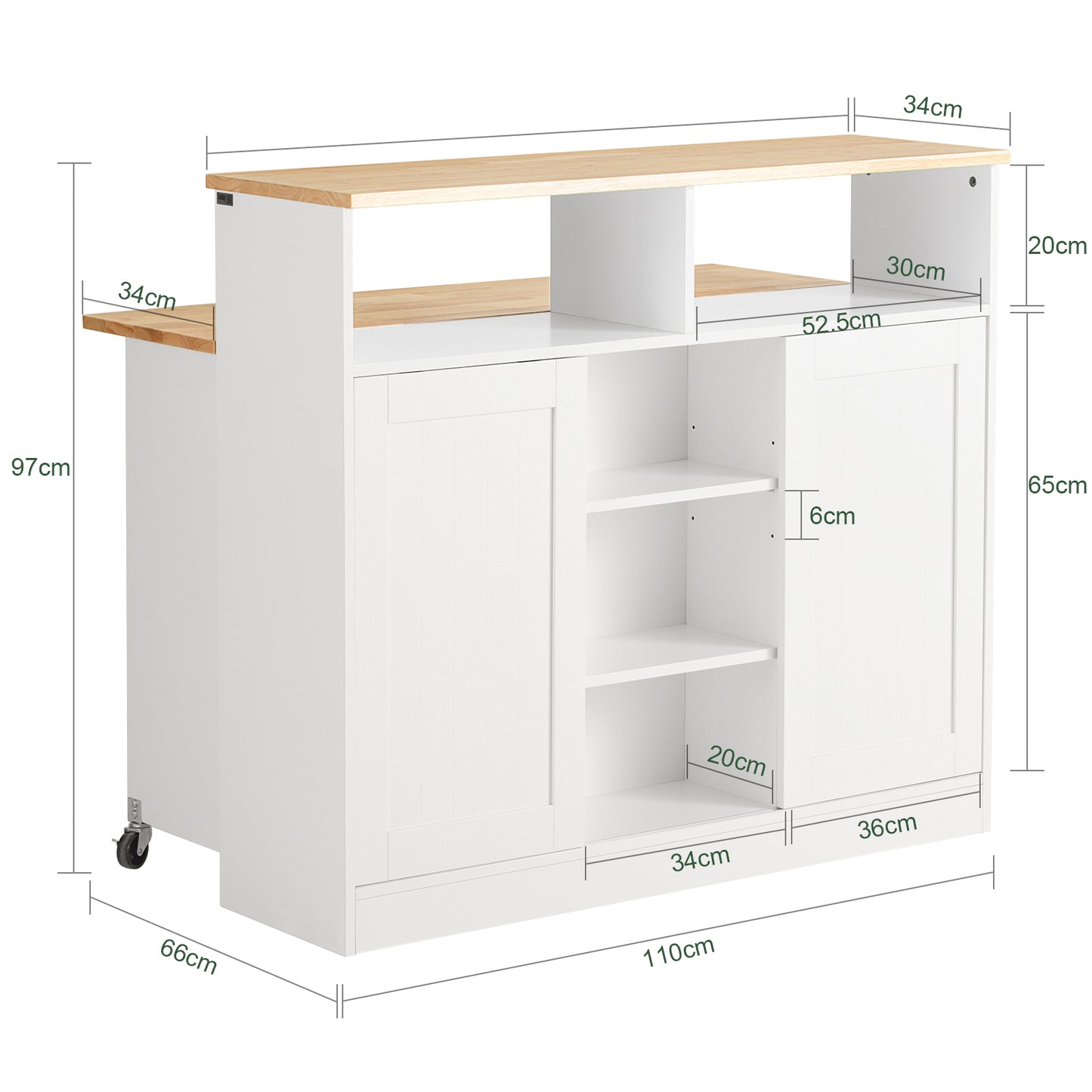 Keukeneiland – Keukenmeubel – Keukenkast – Buffetkast – Keukentrolley – Werkblad van Rubberwood – 6 Verstelbare Planken met Schuifdeuren