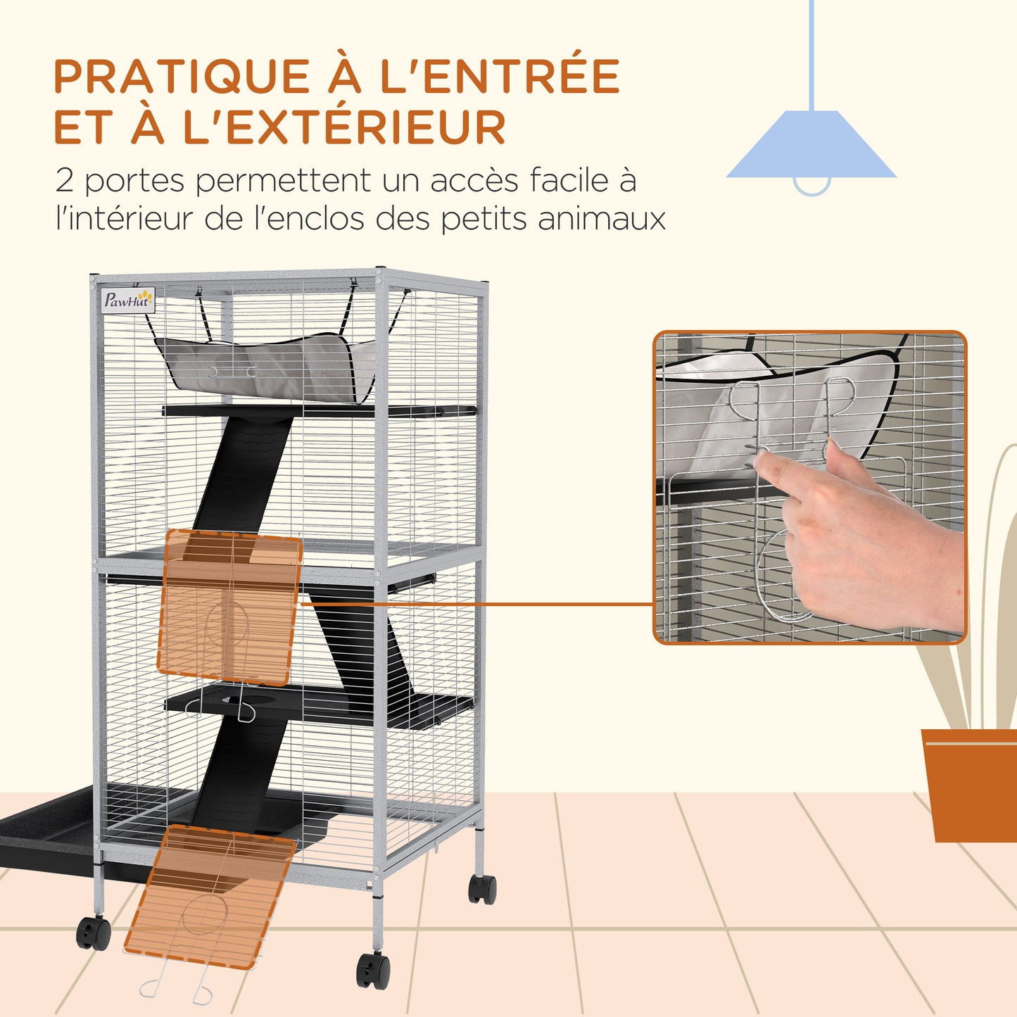 Dierenkooi – Knaagdierkooi – Chinchillakooi – Frettenkooi – Kleine Dieren Kooi – Met 4 Wielen En 2 Deuren – 3 Ramps En Hangmat – Wit – Metaal – 52x52x113,5 cm
