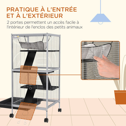 Dierenkooi – Knaagdierkooi – Chinchillakooi – Frettenkooi – Kleine Dieren Kooi – Met 4 Wielen En 2 Deuren – 3 Ramps En Hangmat – Wit – Metaal – 52x52x113,5 cm