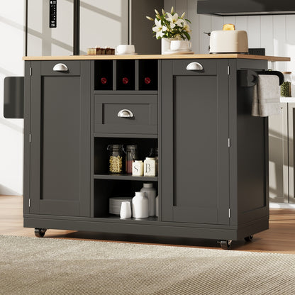 Kitchen Island – Sideboard – Buffetwagen – Keukentrolley – Serveerwagen – Zwart – Met Wijnrek – 4 Zwenkwieltjes