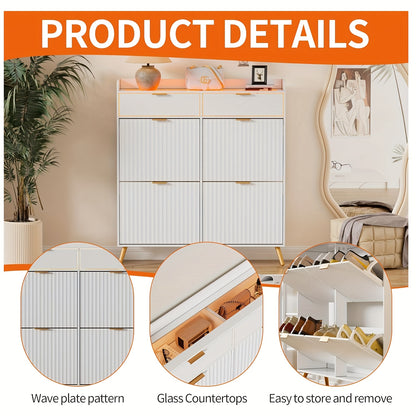Schoenenkast – Schoenenrek – Schoenenopberger – Halkast – Smalle Kast – 4 Deuren – Glazen Bovenblad – Ruimtebesparend Wit Design