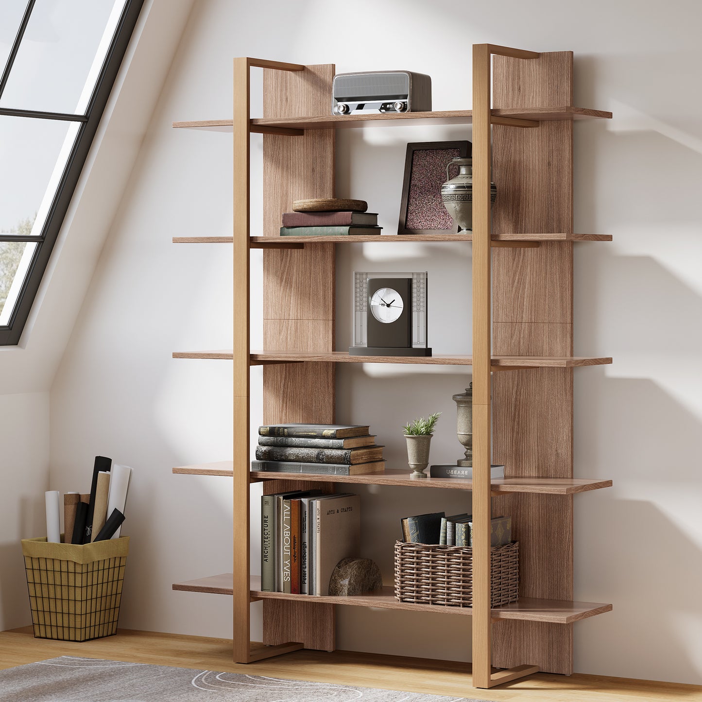 Boekenkast – Boekenplank – Opbergkast – Vakkenkast – Roomdivider – Retro Bruin – 5 Laags – MDF Metalen Frame – Stevig & Ruim