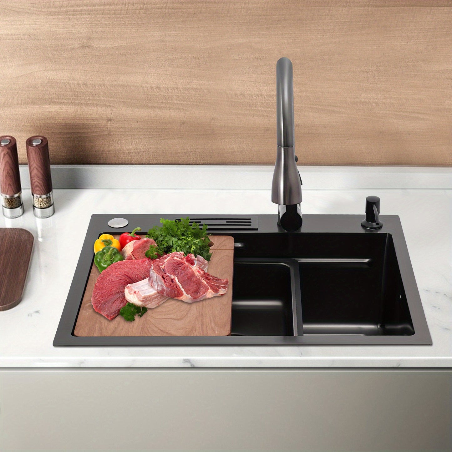 OUKANING Kitchen Sink with 360° Rotatable Pull-out Faucet, Stainless Steel Sink with Chopping Board & Soap Dispenser, Stainless Steel Sink Set, for Home/ Hotel/ Restaurant/ Bar
