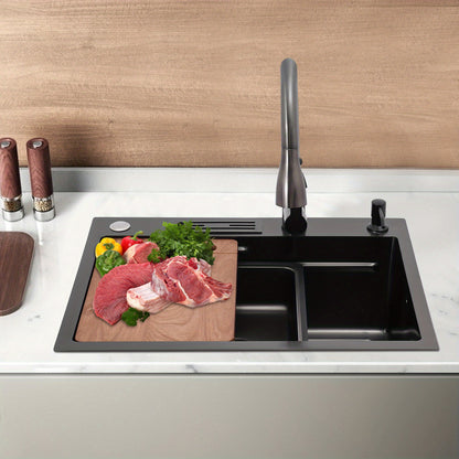 OUKANING Kitchen Sink with 360° Rotatable Pull-out Faucet, Stainless Steel Sink with Chopping Board & Soap Dispenser, Stainless Steel Sink Set, for Home/ Hotel/ Restaurant/ Bar
