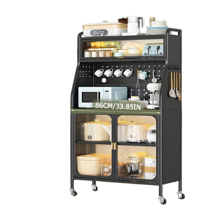 Keukenkast – Keukenkast Op Wielen – Opbergkast – Servieskast – Werkbank – Zwart Metalen Kast 86 cm – Verstelbare Legplanken – Stevig & Mobiel