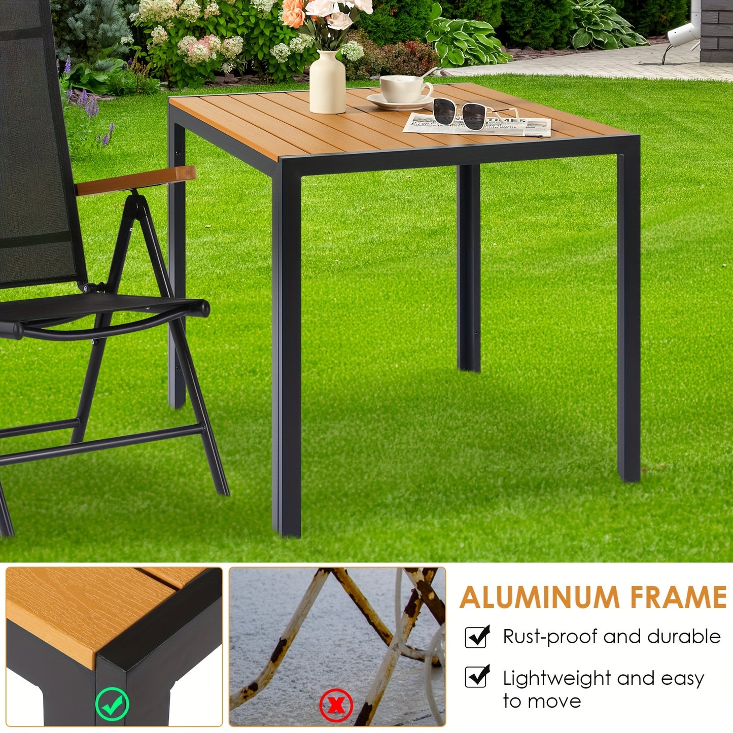 Tuinset Tafel – Balkontafel – Terrastafel – Patio Tafel – Buiten Tafel – Weerbestendig WPC – Aluminium Frame – 75x75 cm Vierkant – Antislip