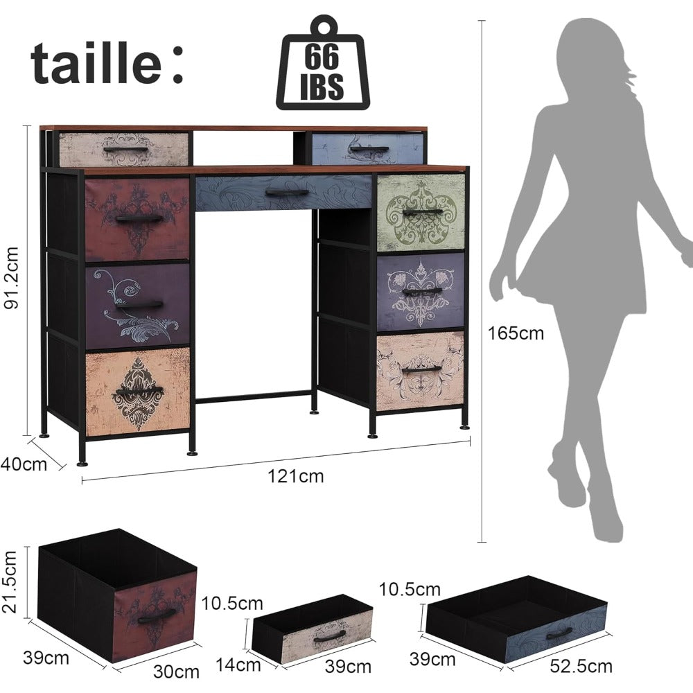 Make-up Tafel – Make-up Kast – Dressoir – Opbergmeubel – Schminktafel – 9 Lades – Houten Blad – Metalen Frame – Zwart – Stof Lades