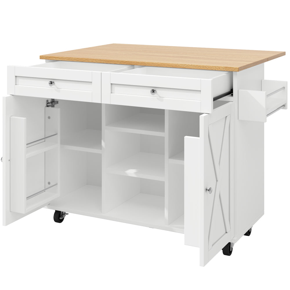 Modern White Wood Grain Kitchen Island with Dining Table, Multifunctional & Dining Cart - Easy Assembly Required, Space-Saving Heavy-Duty Furniture for small Kitchens, Apartments, Homes (Metal Frame)