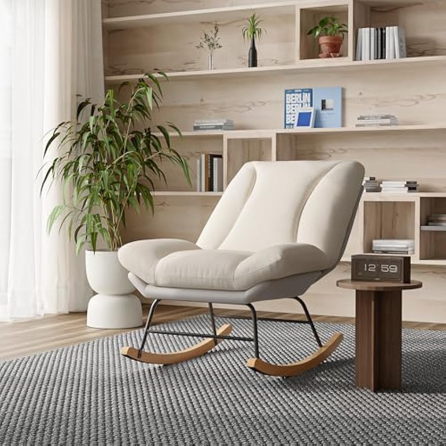 Schommelstoel – Schommelstoel Met Kussen – Relaxstoel – Schommelstoel Voor Binnen – Balkonstoel – Verstelbare Rugleuning – Zacht Comfortabel Kussen – Beige Grijs