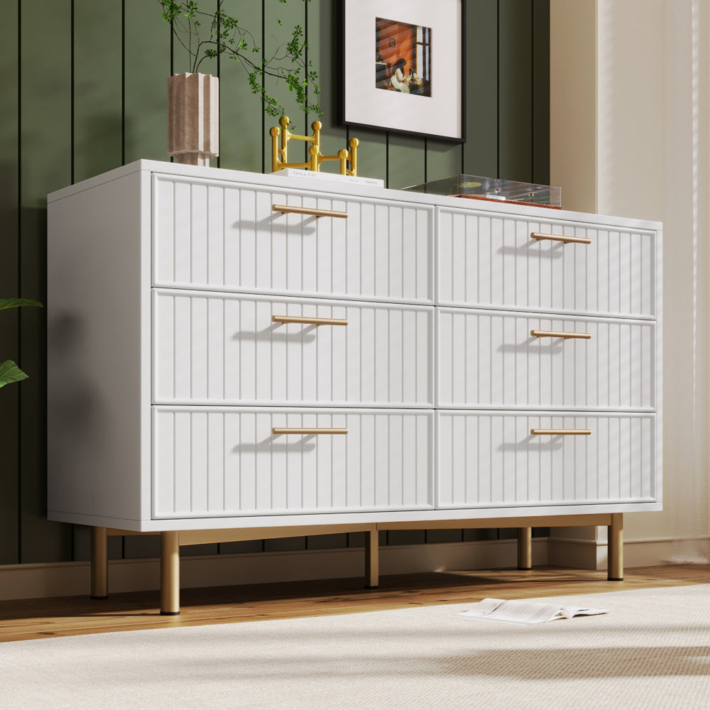 Ladekast – Ladenkast – Kommode – Dressoir – Opbergkast – Wit – 6 Lades – Compact Design Met Gouden Handgrepen – 68,5 cm Hoog
