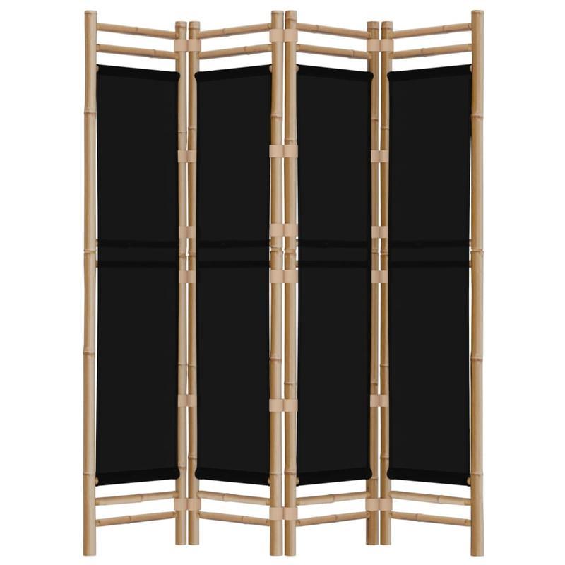 Kamerscherm – Room Divider – Scheidingswand – Privacy Scherm – Vouwscherm – 4-Paneel – Bamboe Frame – Zwarte Stof – 160 cm Hoog – Inklapbaar & Ruimtebesparend
