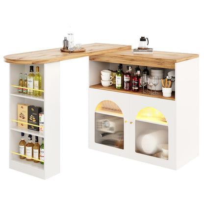 Modern White Metal Extendable Bar & Dining Table with Swivel Top, Adjustable Length, Storage Shelves & Wine Rack - Space-Saving High Bistro Table for Home Kitchen, Restaurant, Cafe - Easy Assembly, Durable Contemporary Design