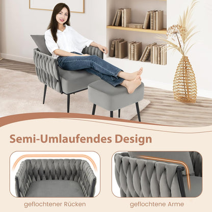 Fauteuil – Relaxstoel – Leesstoel – Loungefauteuil – Tv-stoel – Grijs Velours – Met Hocker – Ergonomische Halfronde Rugleuning
