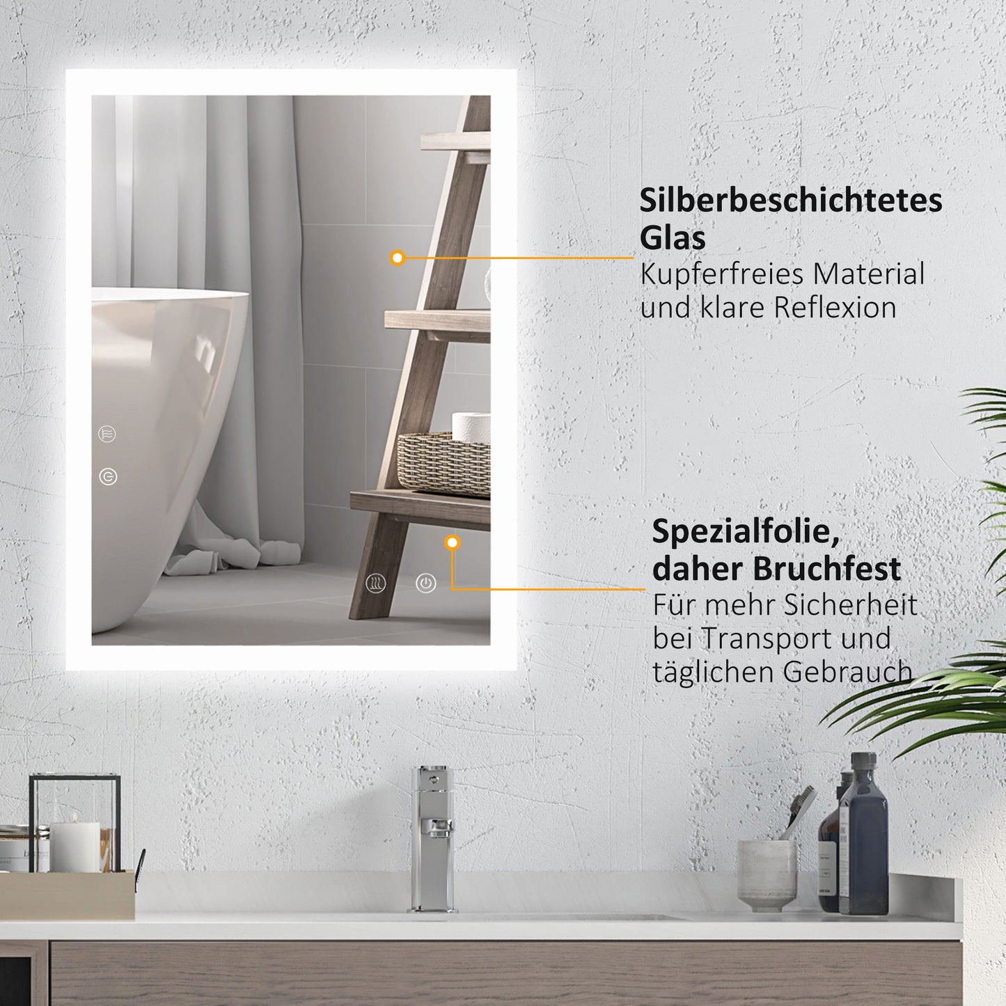 LED Badkamerspiegel – Spiegel, Verlichte Spiegel, Make-up Spiegel, Badkamer Spiegel – Wit Zilver – 80 x 60 cm – Touch Bedieningspaneel – Anti-condensfunctie
