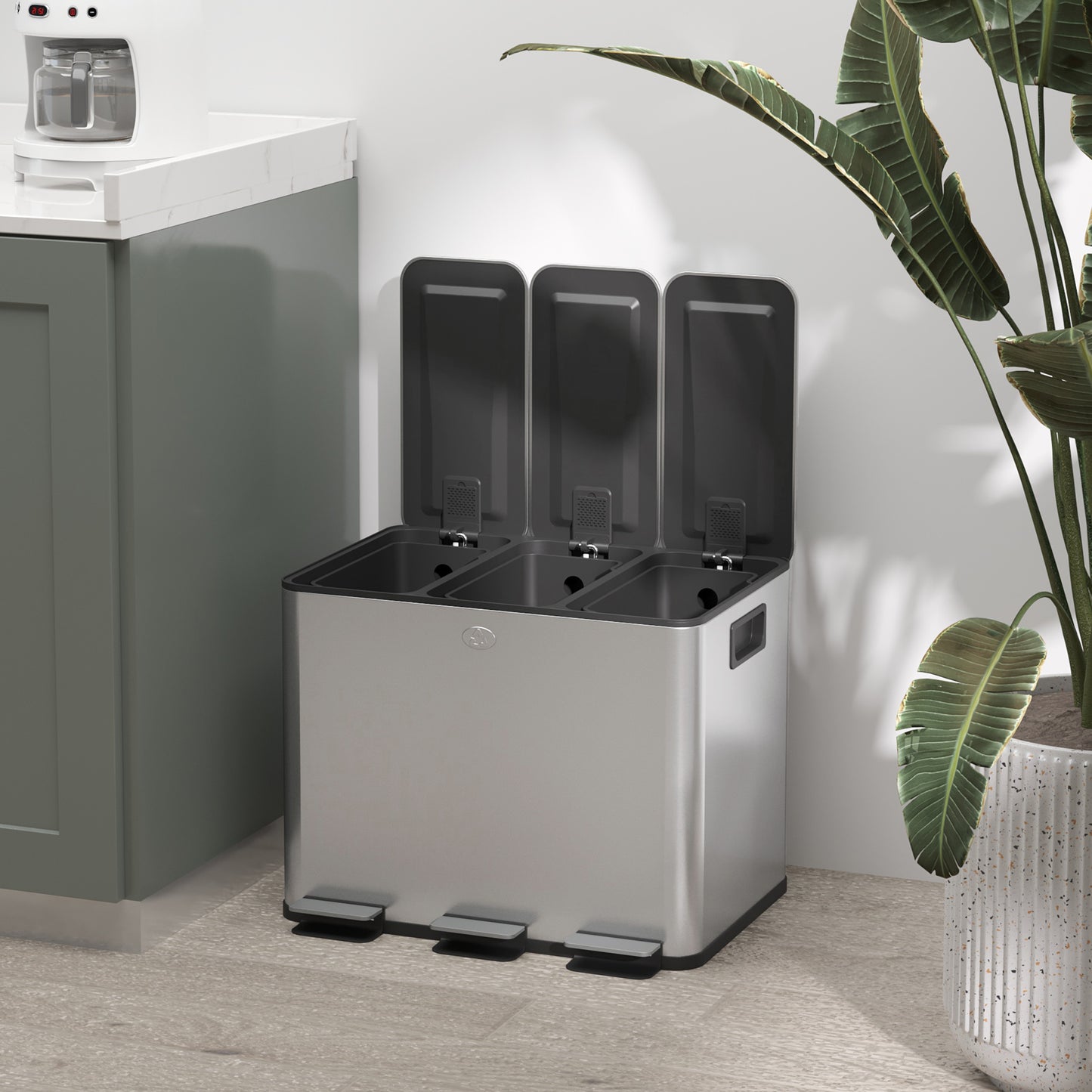 Afvalbak – Prullenbak – Vuilnisbak – Afvalcontainer – Afvalemmer – 3 x 20 Liter Compartimenten – Geurneutraliserend Deksel – Vingerafdrukbestendig – Soft-Close – Uitneembaar – Zilver