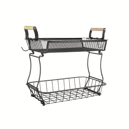 2-Tier Black Carbon Steel Spice Organizer with Wooden Handles | Multi-Purpose Kitchen & Bathroom Storage Basket for Countertop, Under Sink, Living Room | Durable Space-Saving Design (37x22x33cm)
