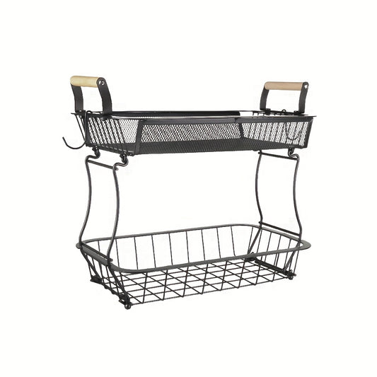2-Tier Black Carbon Steel Spice Organizer with Wooden Handles | Multi-Purpose Kitchen & Bathroom Storage Basket for Countertop, Under Sink, Living Room | Durable Space-Saving Design (37x22x33cm)