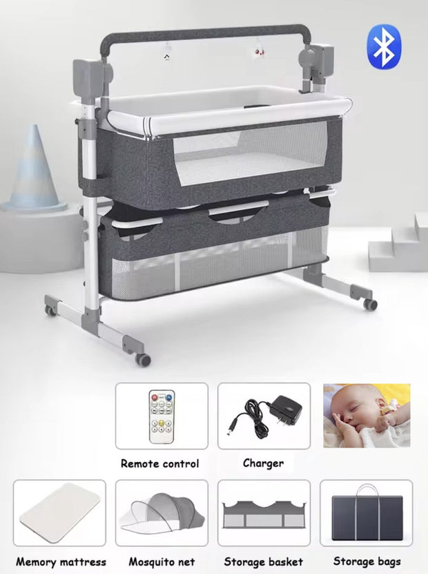 Elektrisch babybed - Wieg - Baby bedje - Ledikant - Bluetooth - Verplaatsbaar - Draagbaar - Klamboe - Grijs