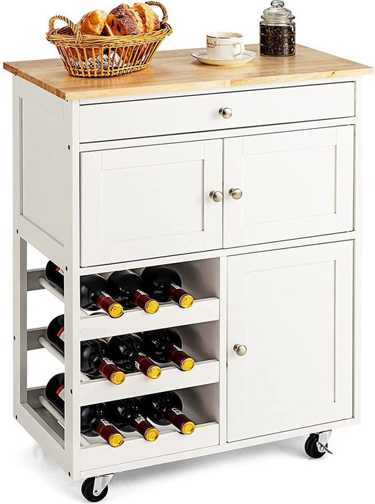 Kitchen Trolley, Serving Trolley Kitchen Island Trolley with Rubber Wood Top, Drawer, 3 Tiers Wine Racks, 2 Cabinets, Rolling Storage Trolley Cart, Kitchen Cart Storage Cart Ideal for Restaurant, Kitchen, Bar Use (White)