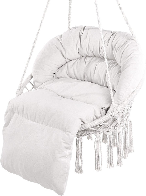 Hangstoel - Staal En Katoen - 150 Kg Capaciteit - Met Kussen - Met Geweven Netkabel - Inklapbaar, Bohemian Stijl - Geschikt Voor Binnen En Buiten - 80 X 62,5 X 80 Cm - Beige