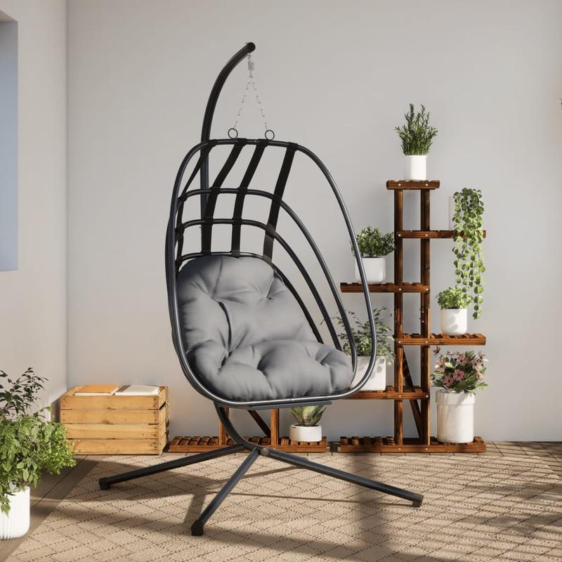 Hangstoel – Schommelstoel – Hangmatstoel – Hangstoel Met Standaard – Cocoonstoel – Stalen Frame Zwart – Weerbestendig – Max. 150 kg – Inclusief Antraciet Kussen