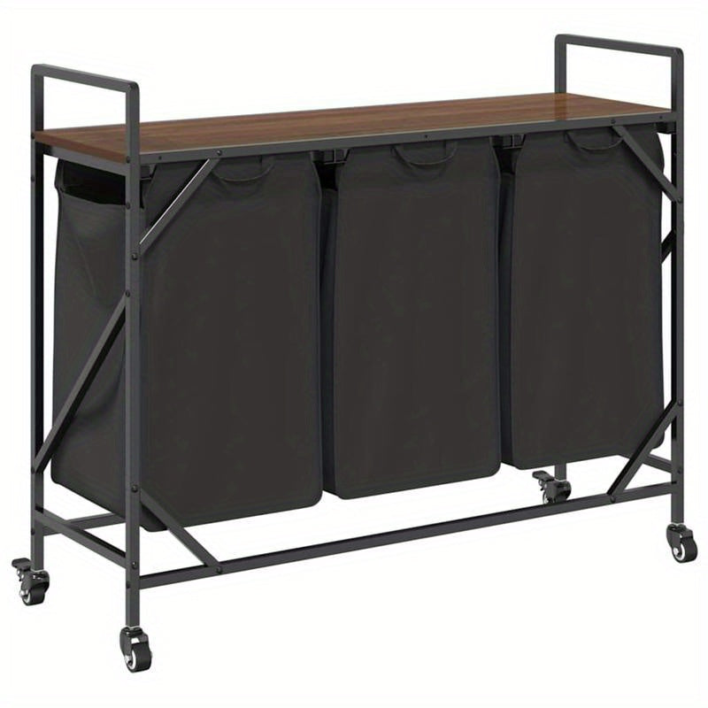 Wasmand – Wassorteerder – Wasbox – Opbergmand – Wasbak – 3 Vakken – Wieltjes – Stevig Bruin Eikenhout Frame – Duurzame Stof