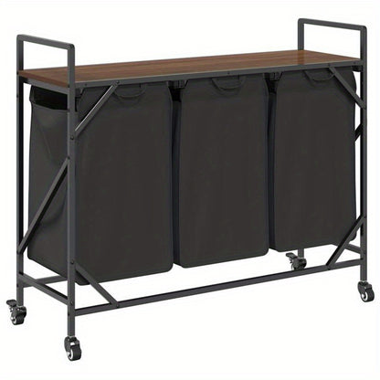 Wasmand – Wassorteerder – Wasbox – Opbergmand – Wasbak – 3 Vakken – Wieltjes – Stevig Bruin Eikenhout Frame – Duurzame Stof