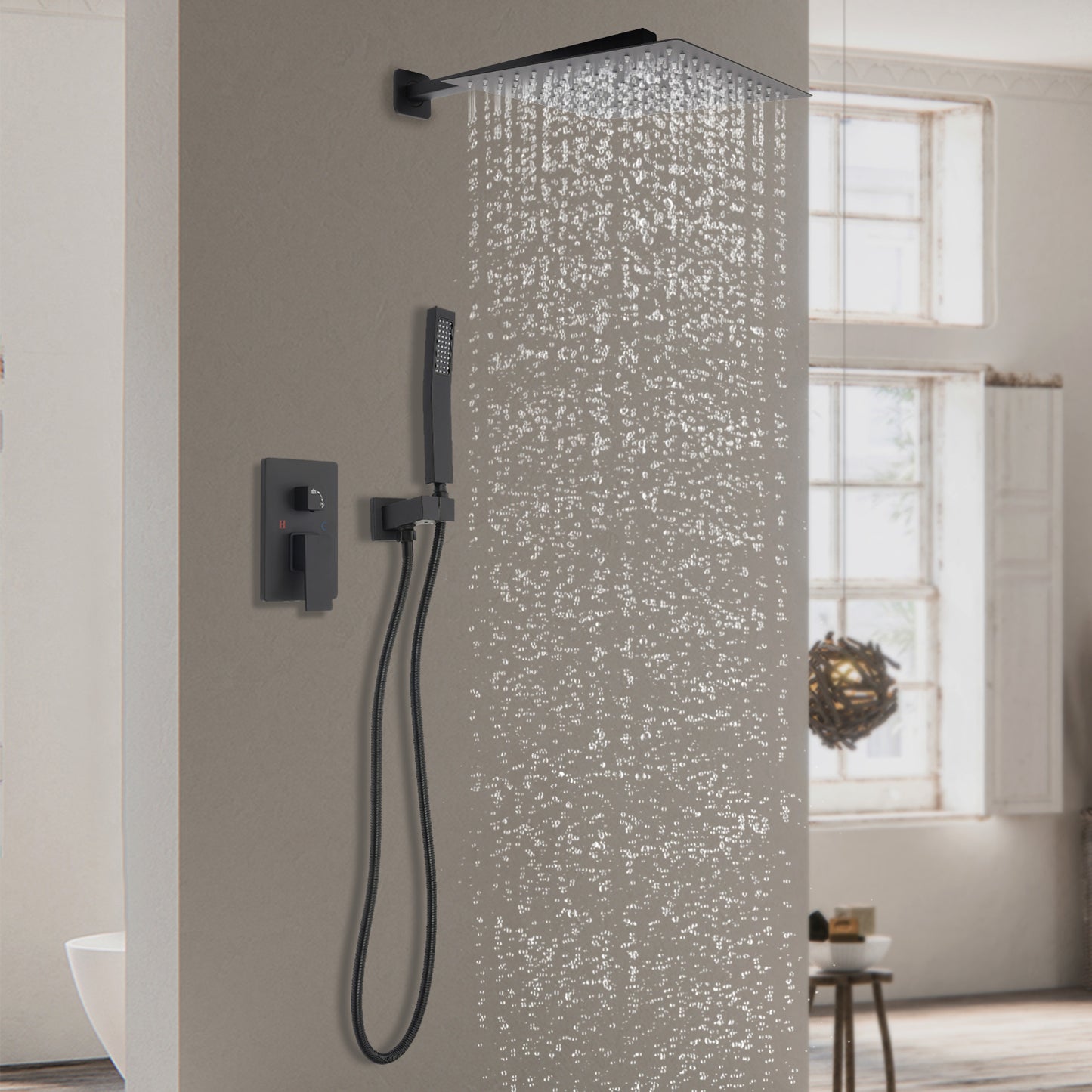 Regendouche – Regenval Douche – Doucheset – Douchekop – Douchekolom – Mat Zwart – 30 cm Hoofddouche – RVS en Messing