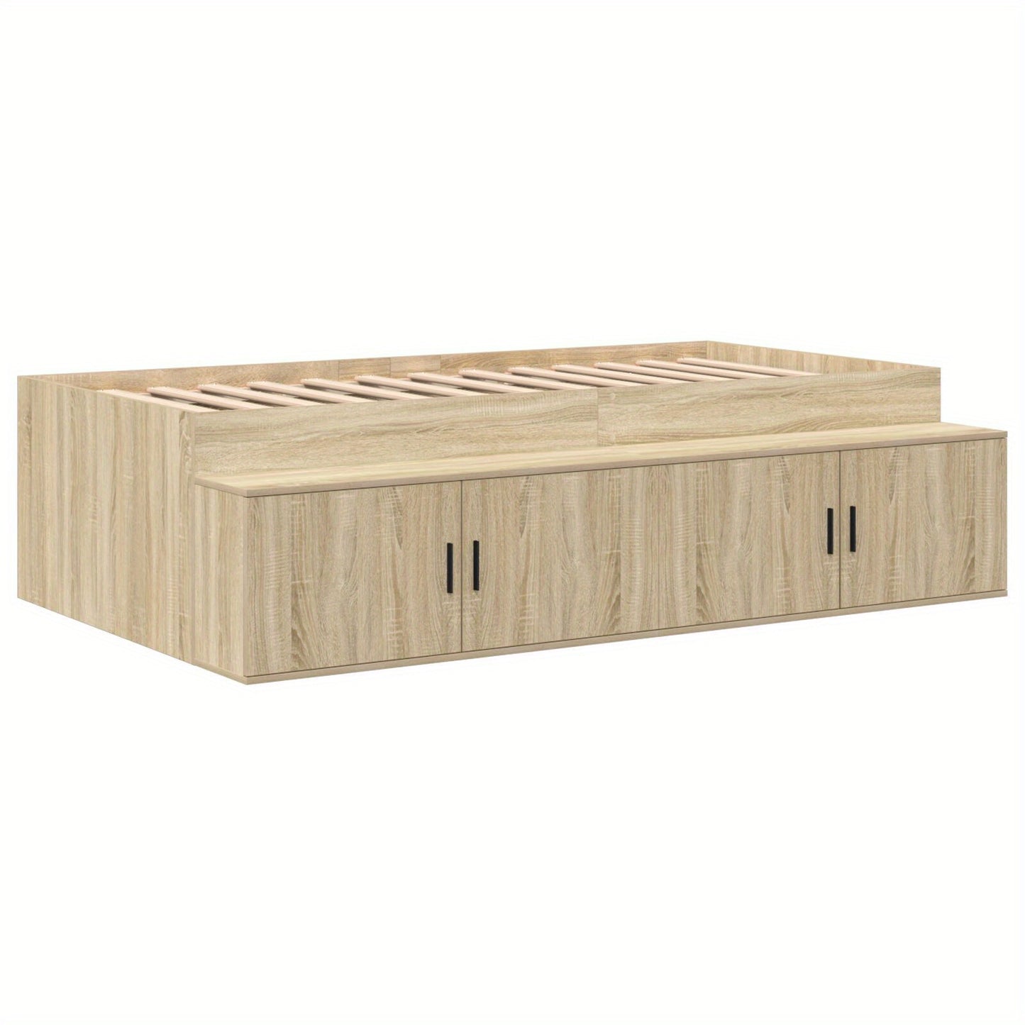 Opbergbed – Opbergbedframe – Bed met Laden – Eenpersoonsbed – Slaapbank – Eiken Bruin – 90x200 cm – Hardhouten Frame – Ingebouwde Opbergladen