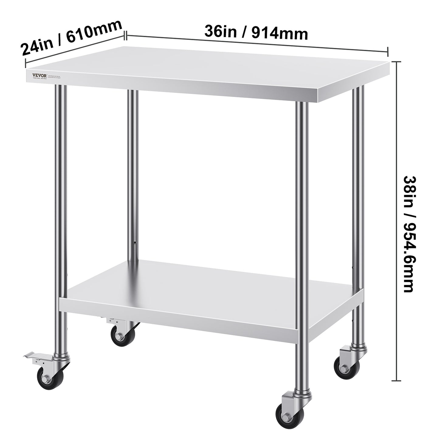 VEVOR Stainless Steel Work Table Commercial Prep Table 24x36 Inch With 4 Casters