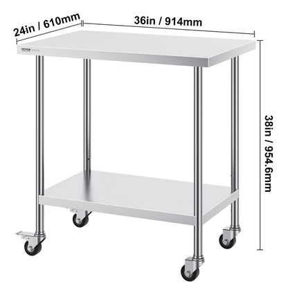 VEVOR Stainless Steel Work Table Commercial Prep Table 24x36 Inch With 4 Casters