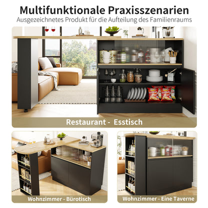 Modern 360° Rotating Bar Table with Glass Shelves - Multifunctional Kitchen & Dining Sideboard, 90x45x100cm, Easy Assembly, No Power Needed, Sleek Black Design for Contemporary Spaces, Kitchen Storage Solution, Minimalist Fu