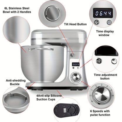 Keukenmachine – Keukenmixer – Keukenrobot – Foodprocessor – Mixer – 6L RVS Mengkom – Krachtige 1200W DC Motor – 6 Snelheden Met Timer