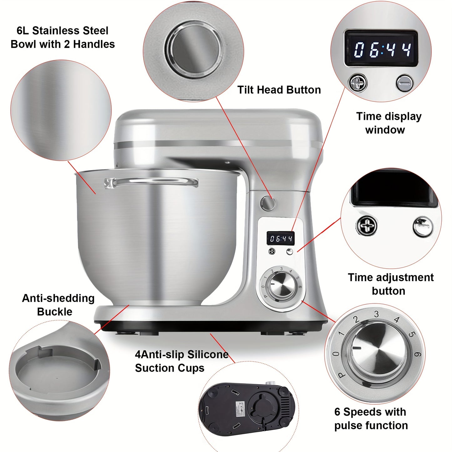 Keukenmixer – Keukenmachine – Keukenrobot – Mixer – Standmixer – 6L Mengkom – 1200W DC Stil Motor – 6 Snelheden met LCD Timer
