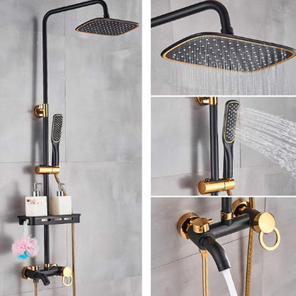 Goodslinesshop 3-Function Bathroom Shower Set Shower Arm Regenerative Shower Hand Shower Shower System Black Bathroom Water Tap Rain Shower Head Set Mounted on the Wall with Soap Holder High-Quality Black Golden