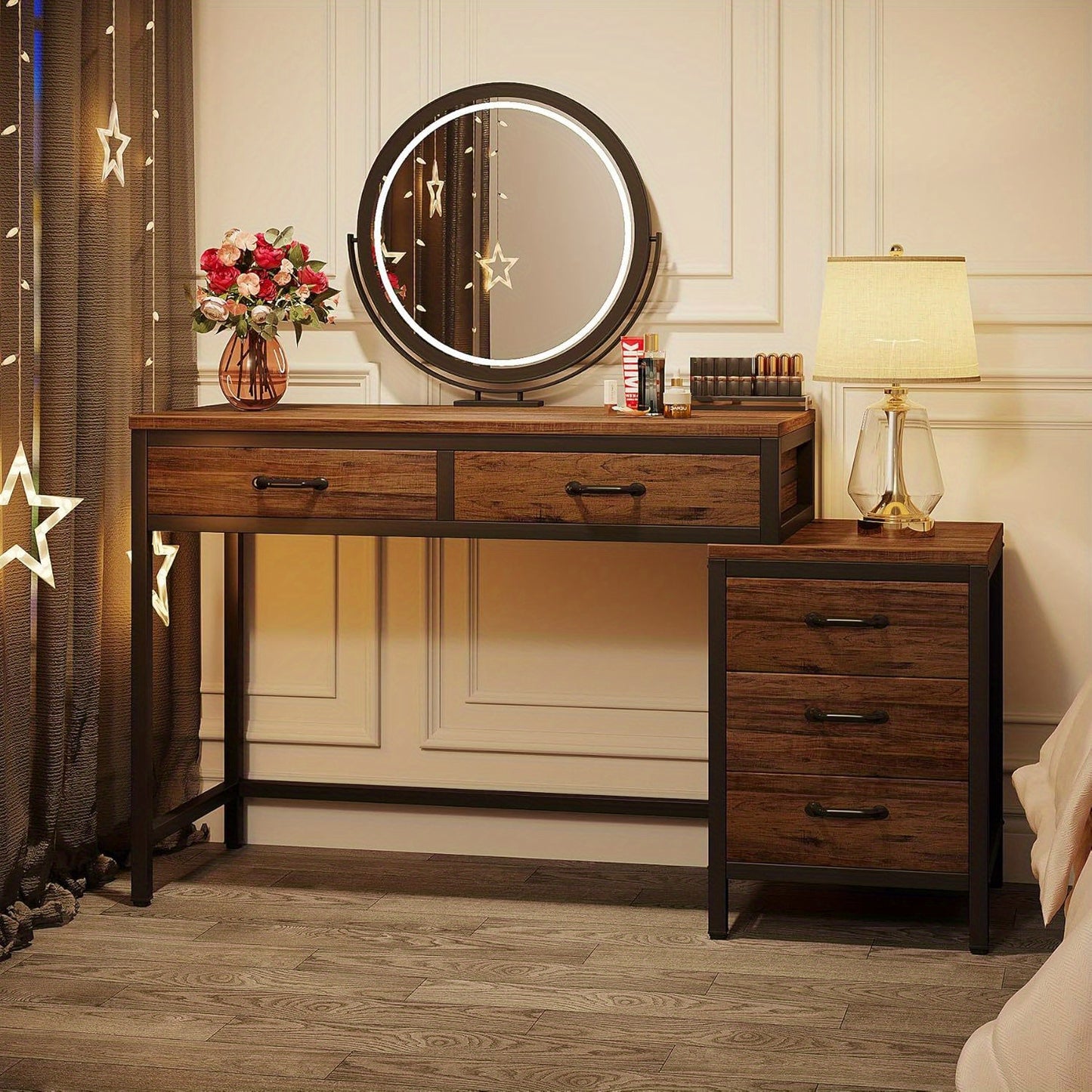 Make-up tafel – Kaptafel – Schminktafel – Make-up bureau – Make-up organizer – Vintage stijl – 5 lades met omkeerbare zijlade – Stabiel metalen frame