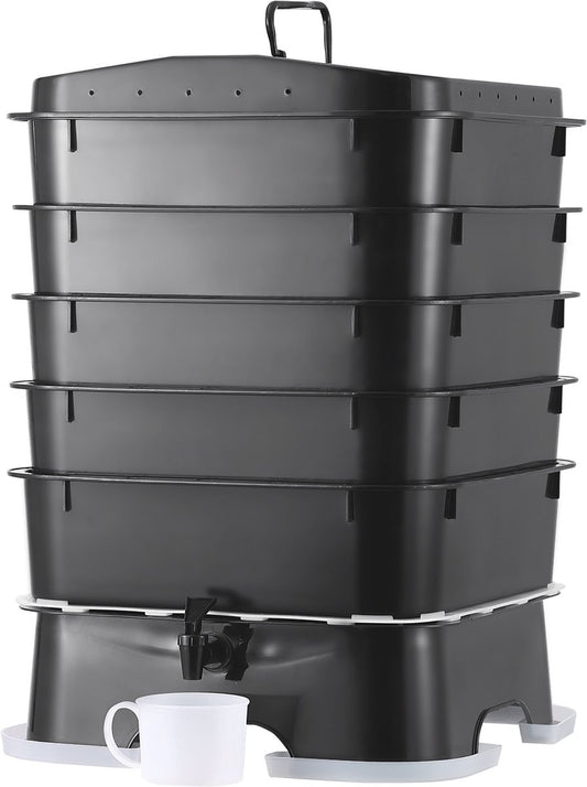 Wormcomposter - HDPE-Materiaal - Robuust en Duurzaam - Grote Capaciteit - Hoge Composteringsefficiëntie - Makkelijke Installatie - 40x40x65cm - 50L - Zwart