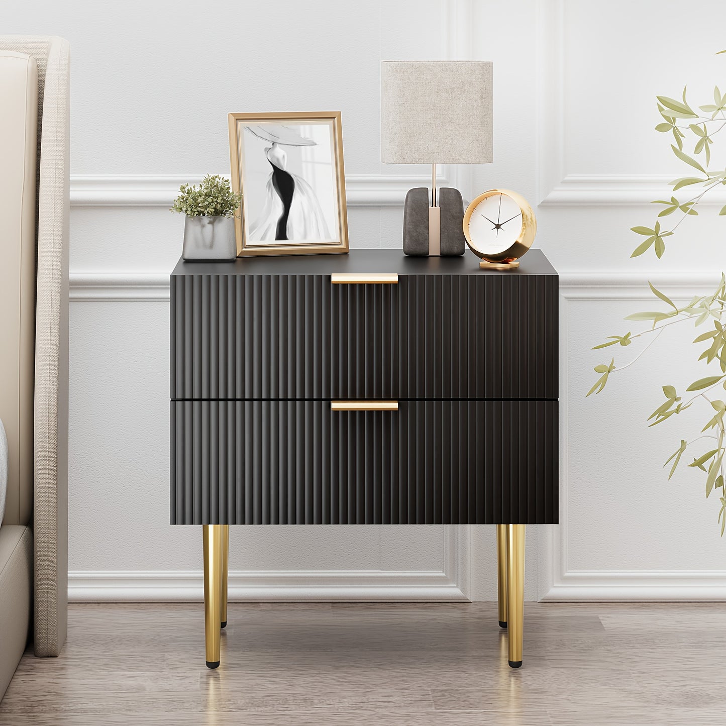 1pc Modern Black Metal Nightstand with 2-Drawer Bedside Storage - Matte Black & Golden Legs, Space-Saving Design, Easy Assembly, Compact Bedside Table for Small Bedrooms, Contemporary Minimalist Furniture with Golden-Toned Ha