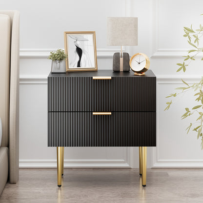 1pc Modern Black Metal Nightstand with 2-Drawer Bedside Storage - Matte Black & Golden Legs, Space-Saving Design, Easy Assembly, Compact Bedside Table for Small Bedrooms, Contemporary Minimalist Furniture with Golden-Toned Ha