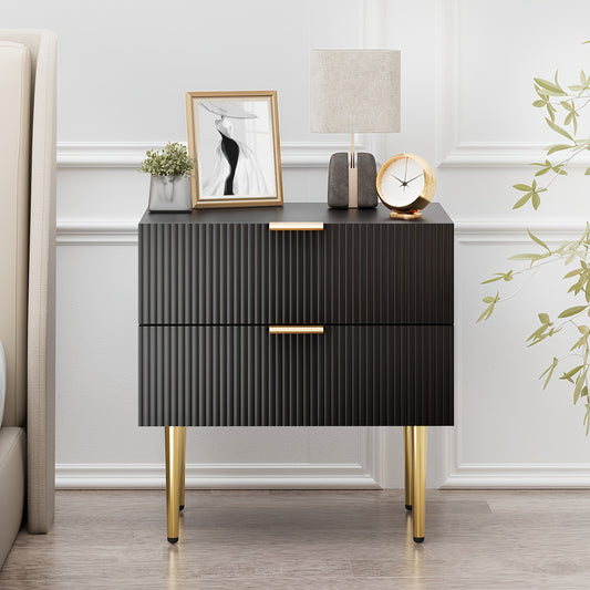 1pc Modern Black Metal Nightstand with 2-Drawer Bedside Storage - Matte Black & Golden Legs, Space-Saving Design, Easy Assembly, Compact Bedside Table for Small Bedrooms, Contemporary Minimalist Furniture with Golden-Toned Ha