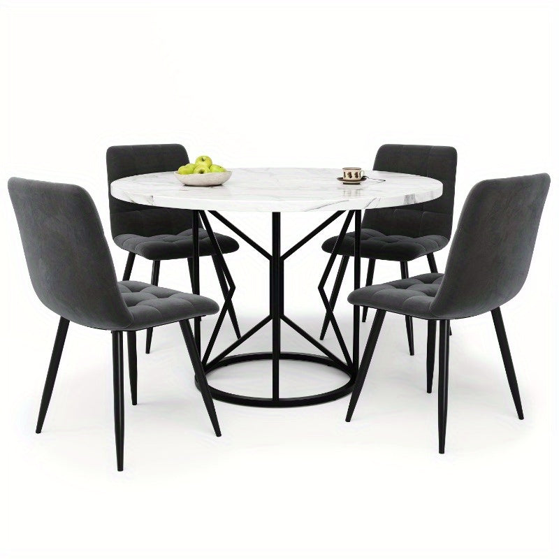Eetkamer Set 5-delig – Ronde Tafel – Keuken Meubel – Diningset – Stoelen Set – MDF Wit Blad – Grijs Fluweel Bekleding