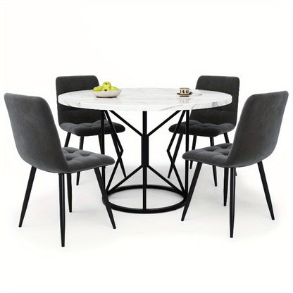 Eetkamer Set 5-delig – Ronde Tafel – Keuken Meubel – Diningset – Stoelen Set – MDF Wit Blad – Grijs Fluweel Bekleding