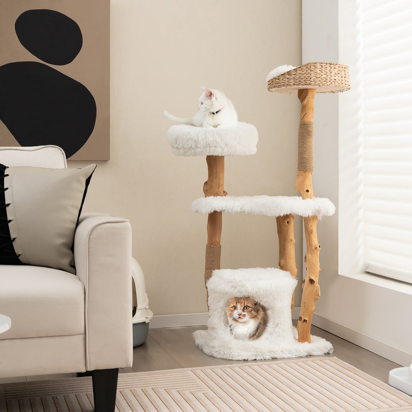 Kattentoren Krabpaal Krabboom Kattenboom Krabmeubel – Twee Platforms – Gevlochten Hoogzit Bolletjes – Kattenhol – 124 cm Hoog – Stevig Perenhouten Frame