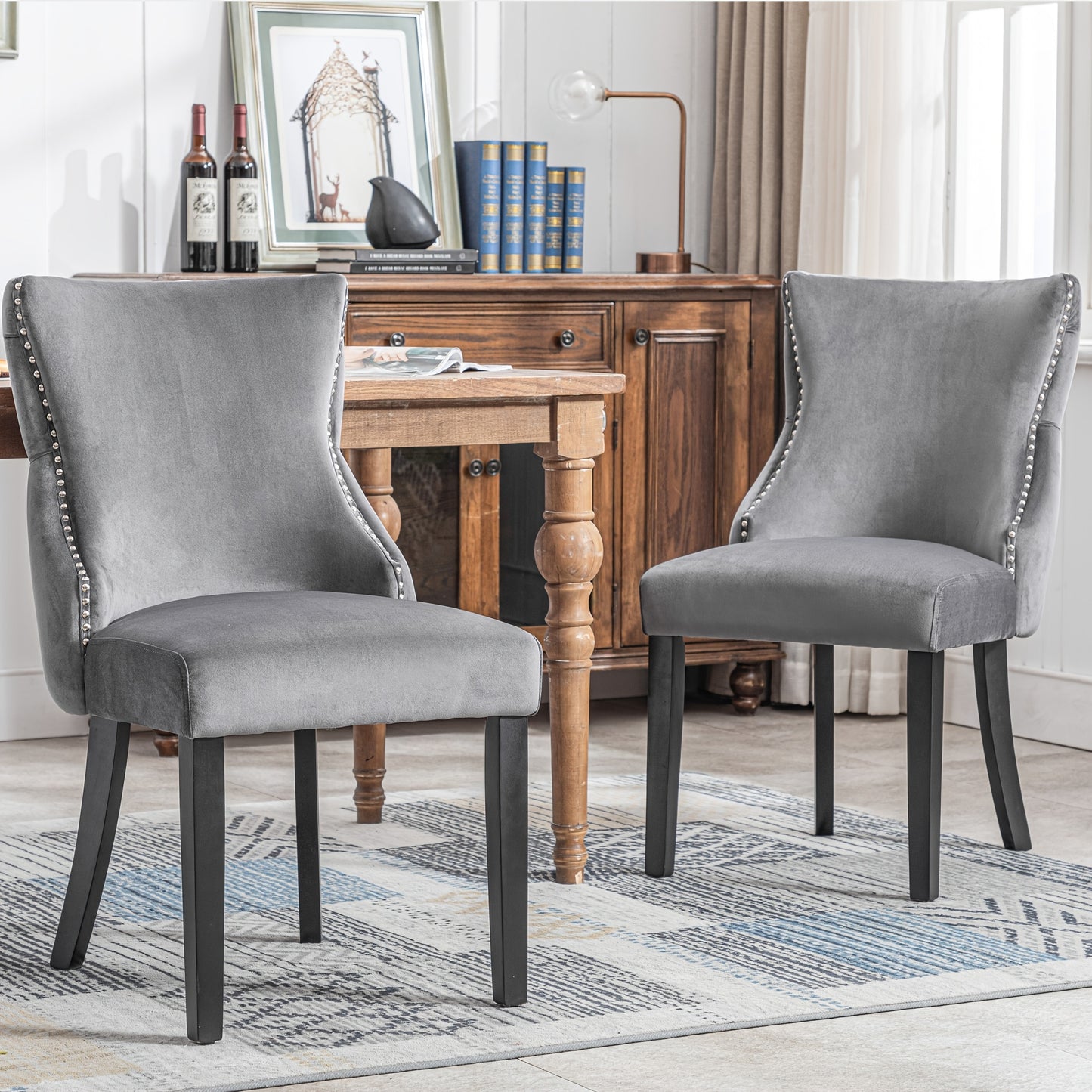Dining Chair, Four-Legged Chair, Grey Velvet Dining Chair with Button Stitching for Absolute Comfort, Grey, Two Pieces, 50*45*91 Cm