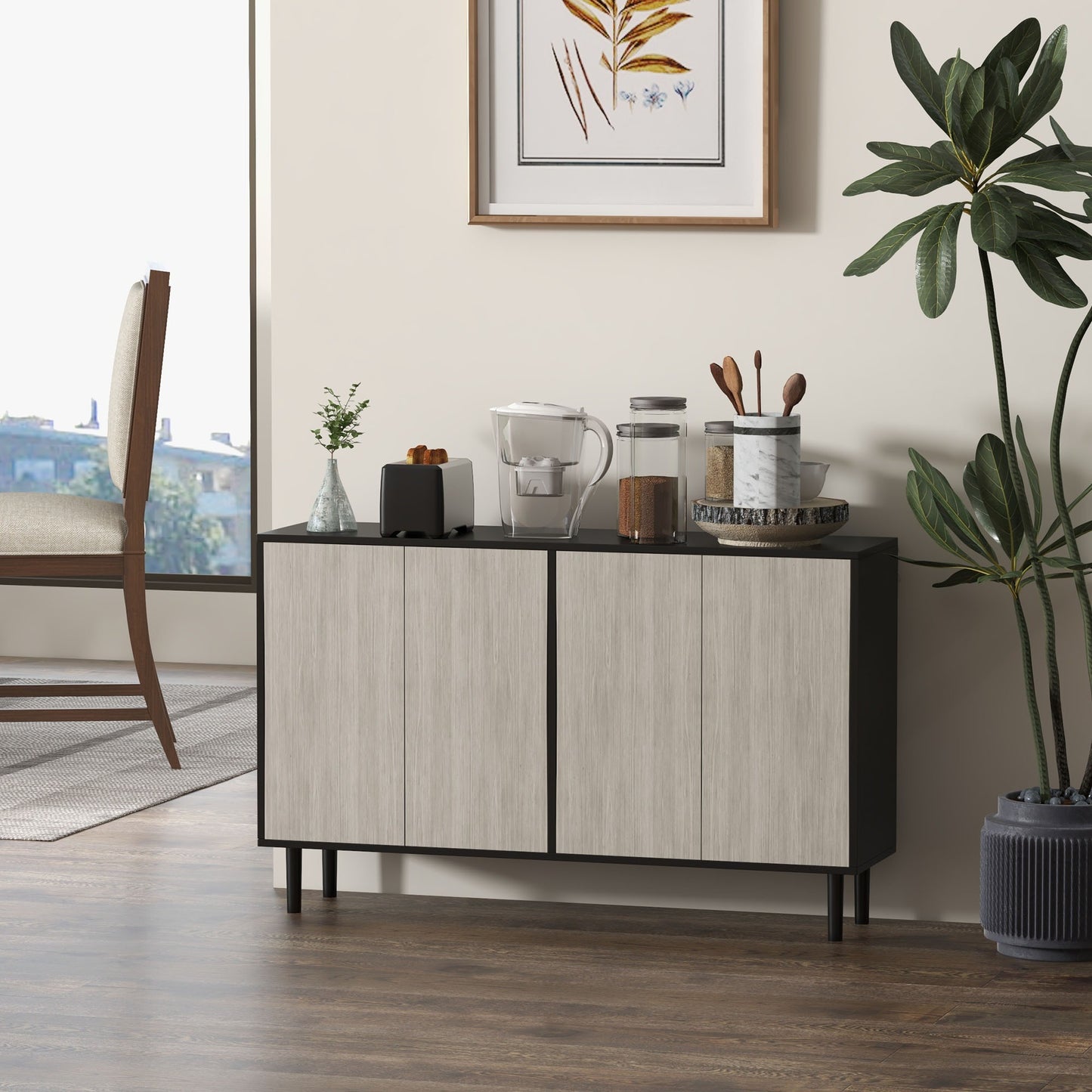 Keukenkast – Keukenbuffet – Buffetkast – Voorraadkast – Keukenopberger – 2 Dubbele Deuren – Verstelbare Planken – 121 x 37 x 75 cm – Hout Spaanplaat – Zwart-Grijze Houtnerf
