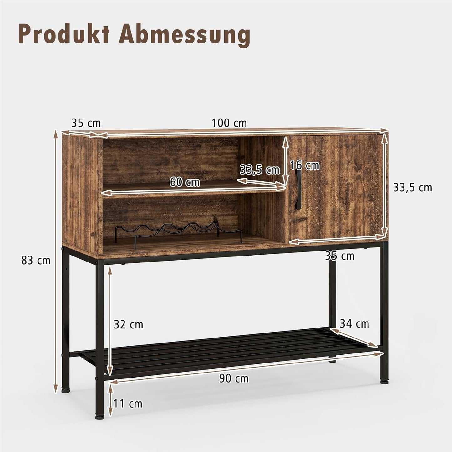 Dressoir – Sideboard – Opbergkast – Buffetkast – Ladekast – Met Wijnrek – Met Metalen Plank – 100x35x83 cm – MDF Houtlook