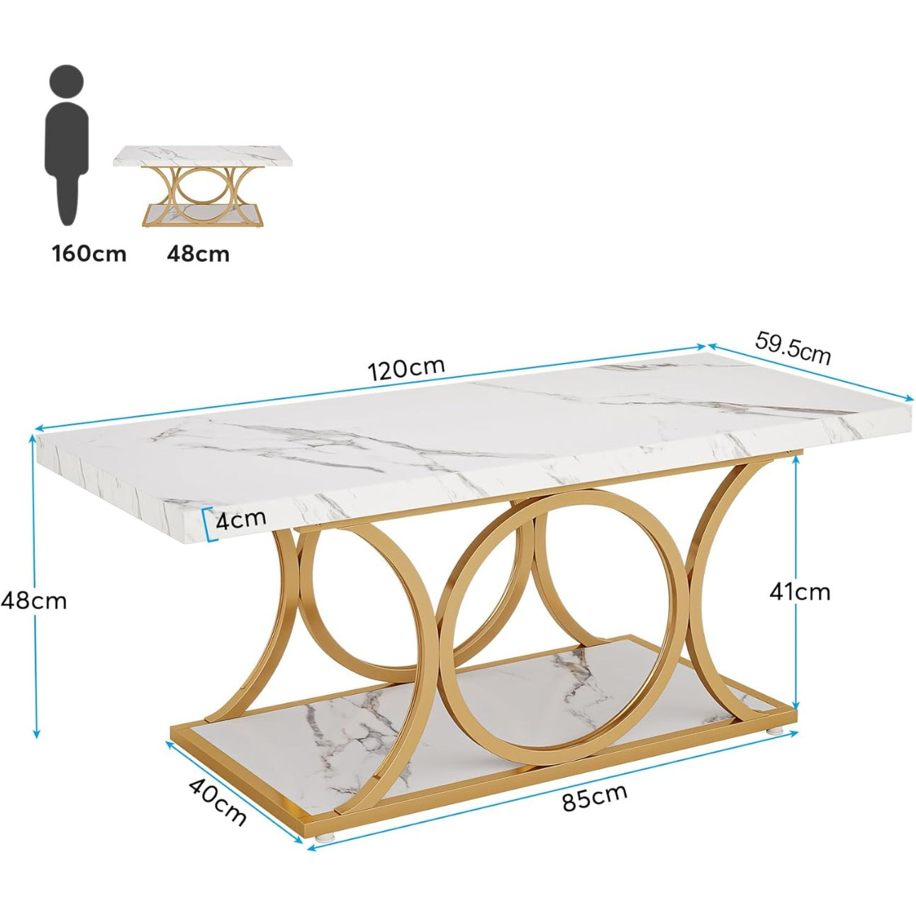Salontafel – Koffietafel – Woonkamertafel – Tafel – Bijzettafel – Wit & Goud – 120 cm – 2-laags met Opbergruimte