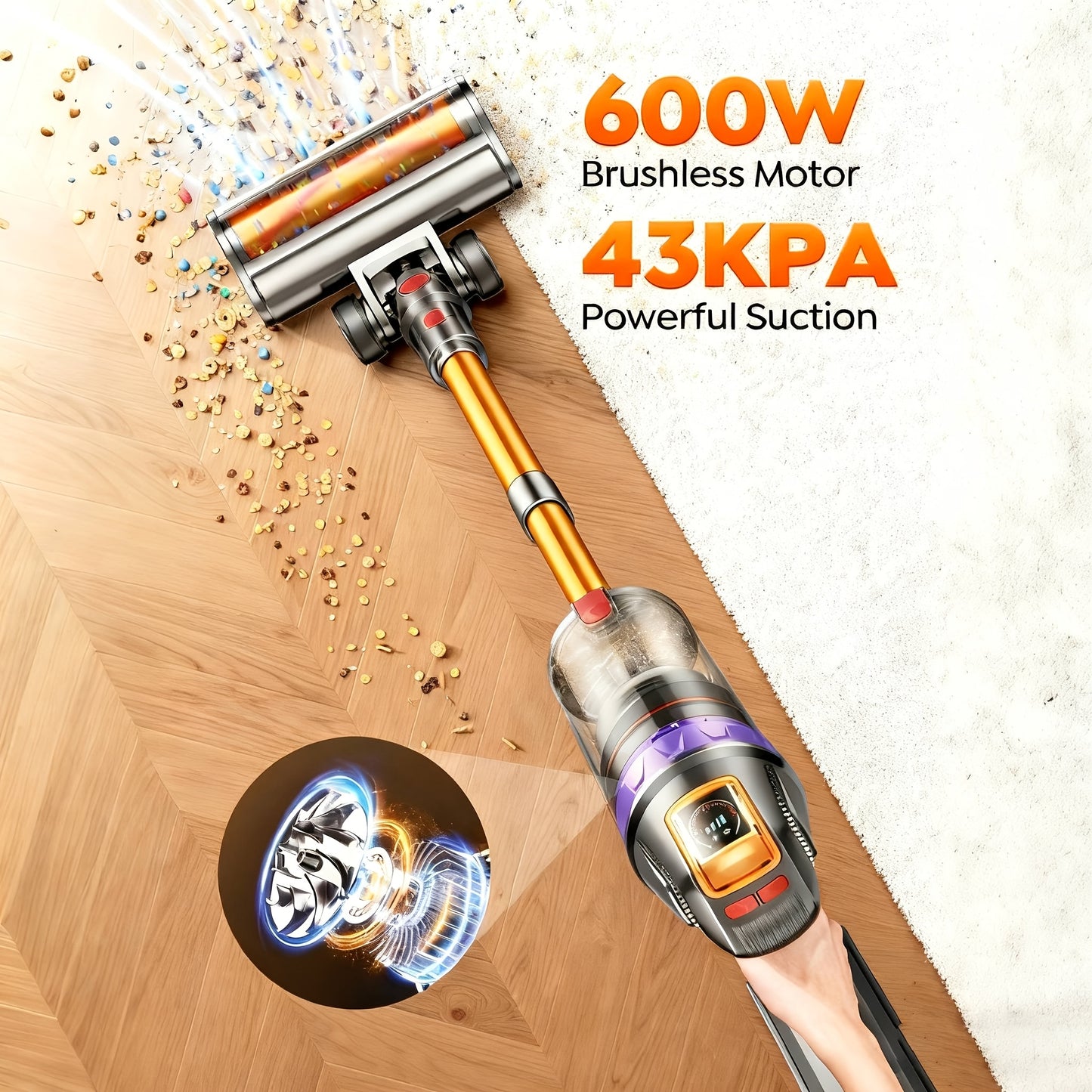 Draadloze Stofzuiger – Snoerloze Stofzuiger – Handstofzuiger – Verticale Stofzuiger – Steelstofzuiger – Krachtige 600W Motor – 60 Minuten Gebruikstijd