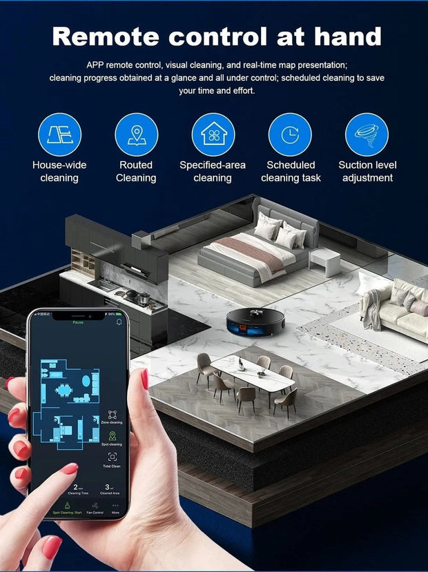 Robotstofzuiger met dweilfunctie - Lds laser navigatie - Oplaadstation - 6500Pa 28W - Kaartbeheer - Virtuele blokkering - App/stembediening