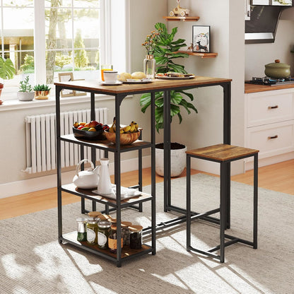 3-delig Barset – Bartafel Set – Bistroset – Eettafel Set – Krukjes – Compact Design – Stevige Metalen Constructie – Koffiebruin + Zwart